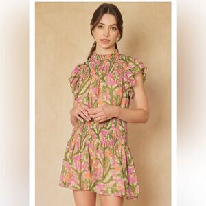 Anthropologie Entro Saturday In The Park Pink and Green Floral Mini Dress Sz M.